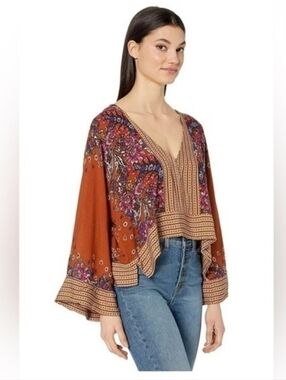 Free People Mix N Match Rust Combo Boho Blouse Top, Size XS